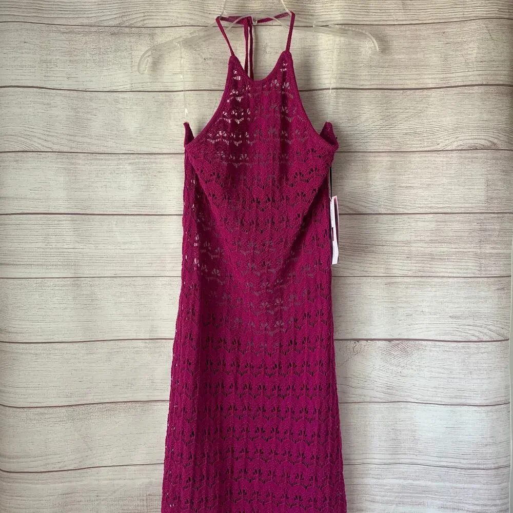 Future Collective Pink Midi Dress Halter Tie Neck Open Knit Crochet Size XL
